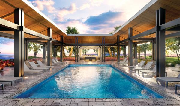 Resort-style pool with covered lounge and waterfront views
