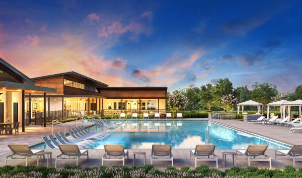 Resort-style pool with in-pool loungers, cabanas and outdoor dining space
