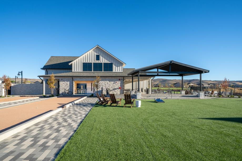 Outdoor concert plaza, bocce ball, and gear garage