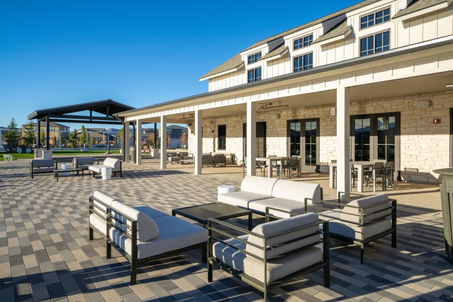 The club terrace with patio heaters provides a space for year-round enjoyment