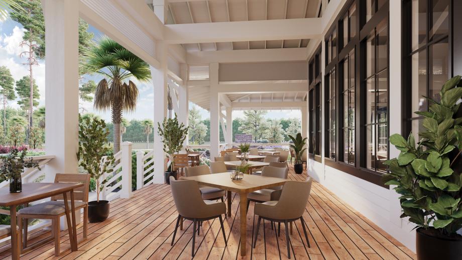 Future clubhouse will also have peaceful covered porch for outdoor dining