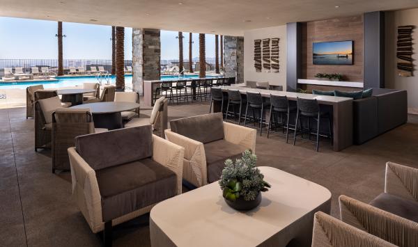 Poolside, covered patio area